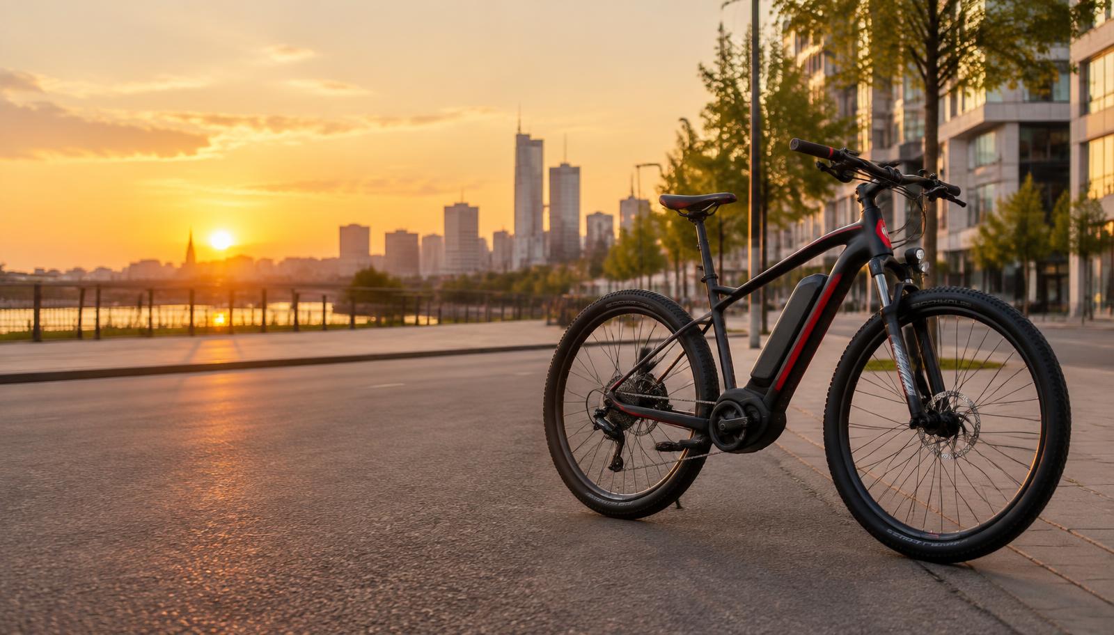 Bicicleta elétrica preta e vermelha na cidade